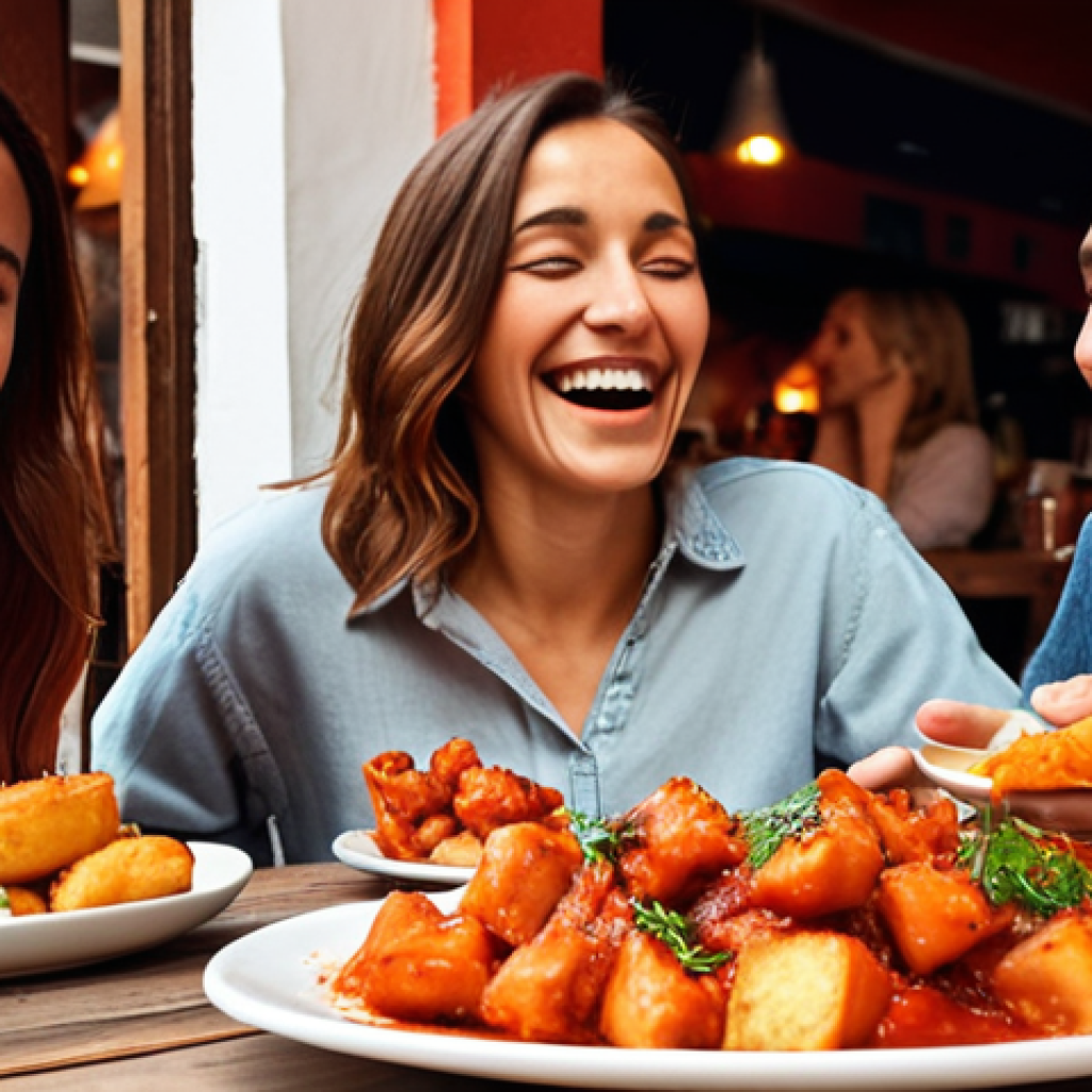 **

A joyful group of friends dining at a vibrant Spanish tapas restaurant, laughing and enjoying various dishes. In the foreground, a credit card is subtly placed next to a plate of patatas bravas, suggesting cashback or rewards. The atmosphere is warm and inviting, emphasizing the pleasure of free dining.

**