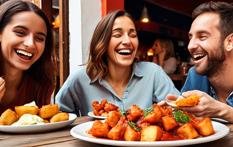 **
A joyful group of friends dining at a vibrant Spanish tapas restaurant, laughing and enjoying various dishes. In the foreground, a credit card is subtly placed next to a plate of patatas bravas, suggesting cashback or rewards. The atmosphere is warm and inviting, emphasizing the pleasure of free dining.
**