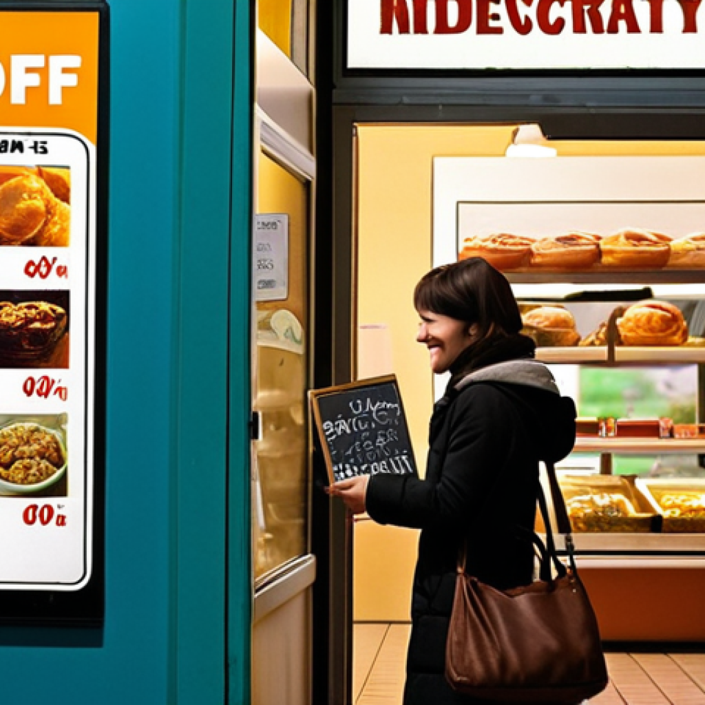 **

A person happily discovering a hidden discount sign (perhaps 10% off) at the entrance of a cozy, local "cafeteria." The scene should convey a sense of pleasant surprise and savings, with a focus on the everyday enjoyment of local commerce. The sign should be easily readable, and the overall style should be warm and inviting.

**