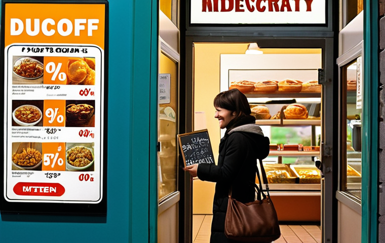 **
A person happily discovering a hidden discount sign (perhaps 10% off) at the entrance of a cozy, local "cafeteria." The scene should convey a sense of pleasant surprise and savings, with a focus on the everyday enjoyment of local commerce. The sign should be easily readable, and the overall style should be warm and inviting.
**