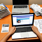 **Prompt:** A student overwhelmed by credit card offers, sitting at a table covered in brochures and financial documents, laptop open with comparison websites, struggling to understand interest rates and rewards programs. The scene should convey confusion and the need for financial literacy.