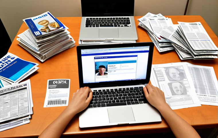 **Prompt:** A student overwhelmed by credit card offers, sitting at a table covered in brochures and financial documents, laptop open with comparison websites, struggling to understand interest rates and rewards programs. The scene should convey confusion and the need for financial literacy.