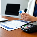 A calm professional in their mid-thirties, fully clothed in a modest business casual outfit, sits at a modern, minimalist home office desk. The subject is depicted in a natural pose, with perfect anatomy and correct proportions, particularly well-formed hands with proper finger count. One hand is shown searching an empty wallet, indicating a realization of a lost card, while the other hand is quickly navigating a banking application on a sleek smartphone to block the card. The smartphone screen clearly displays a secure 'Block Card' interface. The background is a brightly lit, clean home office with a blurred, modern interior design. This image conveys immediate, proactive financial security in a professional and appropriate manner, safe for work, family-friendly, high-quality, ultra-detailed.