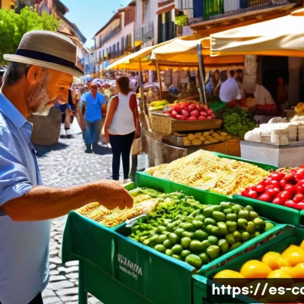 체크카드와 현금 사용 비교 - A vibrant Spanish local market scene during daytime, showing a friendly vendor handing small change ...