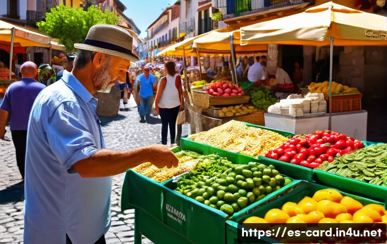 체크카드와 현금 사용 비교 - A vibrant Spanish local market scene during daytime, showing a friendly vendor handing small change ...