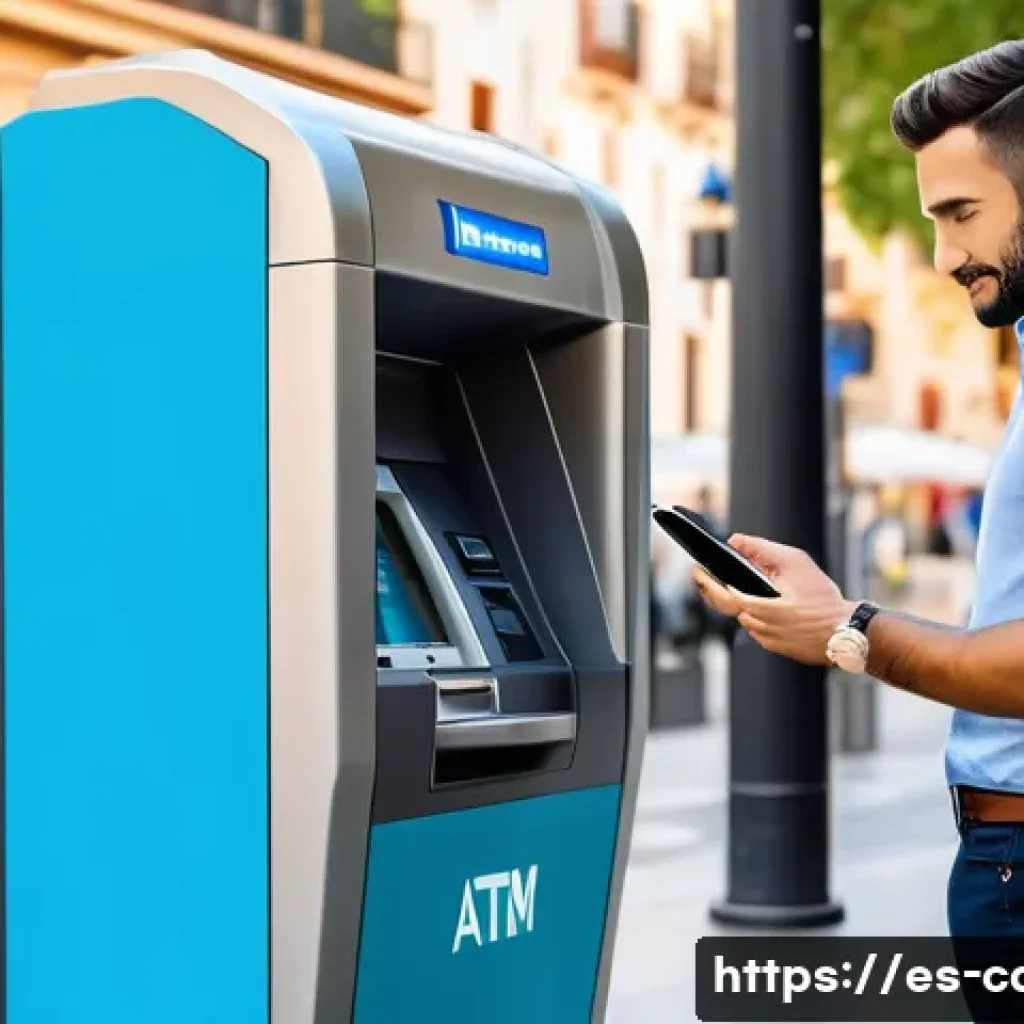 체크카드 ATM 수수료 절약 - A modern urban scene in Spain showing a person using a bank app on a smartphone to locate commission...