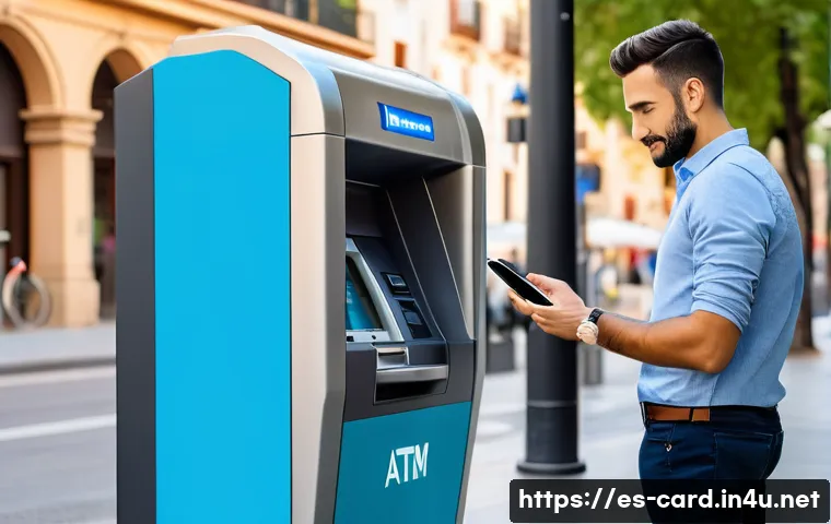 체크카드 ATM 수수료 절약 - A modern urban scene in Spain showing a person using a bank app on a smartphone to locate commission...