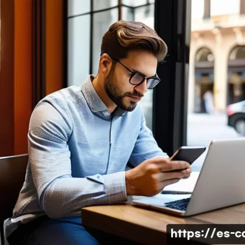 신용카드 신규 가입 이벤트 - A modern Spanish urban setting with a young professional man thoughtfully reviewing credit card offe...