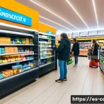 체크카드 간편결제 기능 - A bustling modern supermarket checkout scene in Spain, featuring diverse customers paying quickly wi...