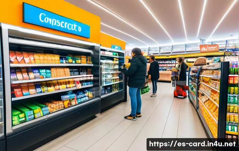 체크카드 간편결제 기능 - A bustling modern supermarket checkout scene in Spain, featuring diverse customers paying quickly wi...