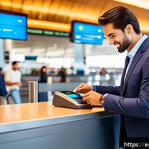 신용카드 무료 해외 여행 보험 - A confident Spanish traveler at an airport check-in counter paying for a flight ticket with a credit...