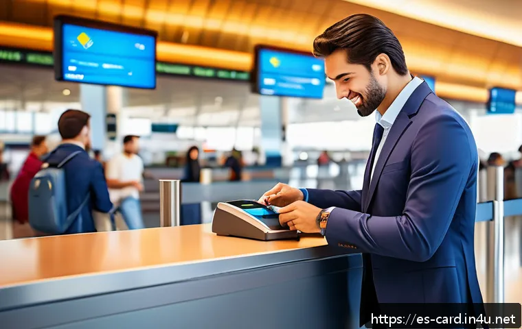 신용카드 무료 해외 여행 보험 - A confident Spanish traveler at an airport check-in counter paying for a flight ticket with a credit...