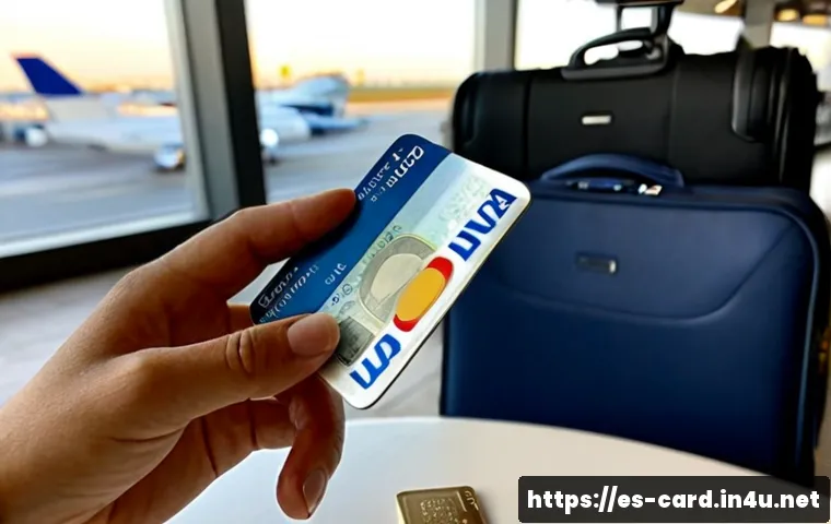 신용카드 해외 결제 한도 - Photorealistic close-up of a Spanish traveler at a bright airport café, holding a plain unbranded cr...